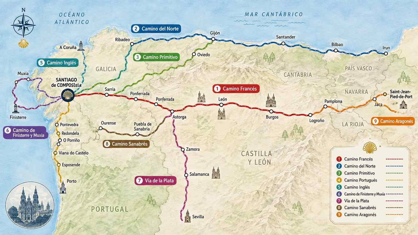 Mapa del Camino de Santiago: las nueve rutas, una por una